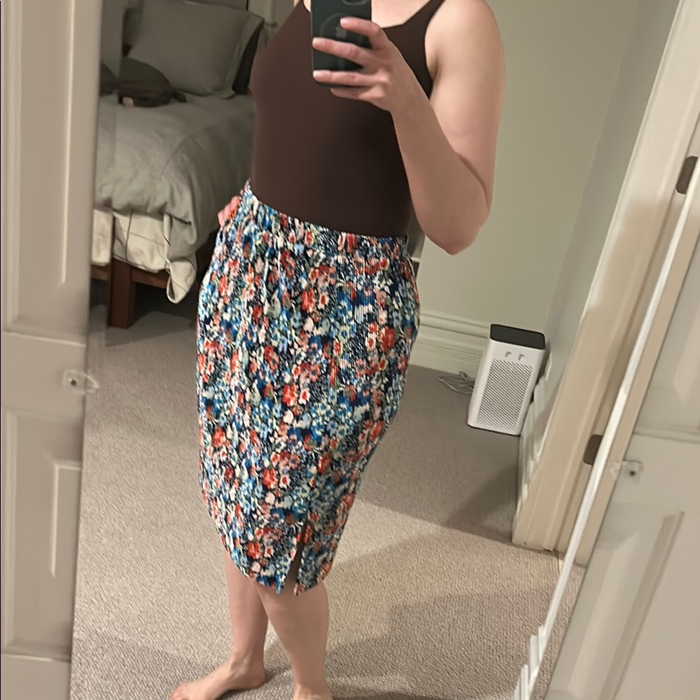Floral Print plisse skirt elastic waist side slits